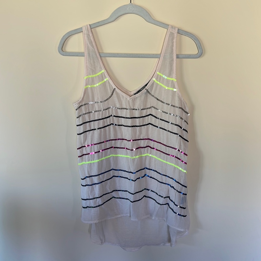 Love Stitch Tan & Neon Sequin Tank, V neck, size small